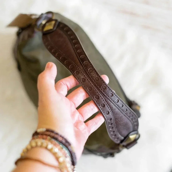 NWT! MICHAEL KORS COLLEGIATE STUDDED BROWN LEATHER OLIVE GREEN SUEDE BAG - Picture 11 of 15